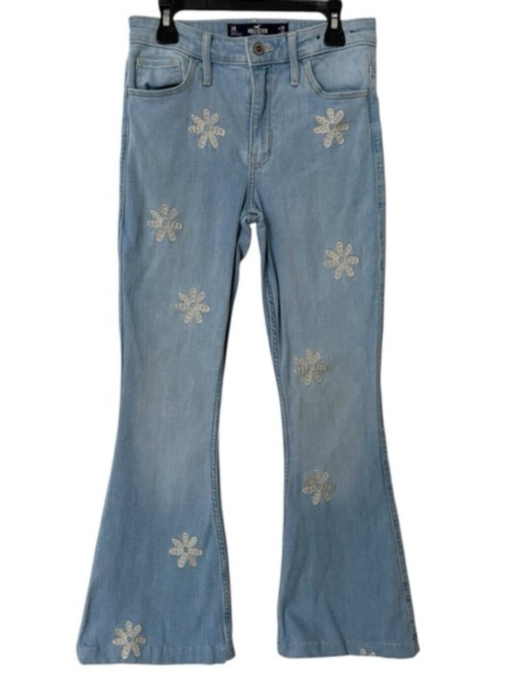 Hollister Juniors 3R High Rise Vintage Flare Jeans Flower Embroidered Hippie 70s